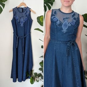 Newport News Blue Denim Midi Dress with Embroidered Yoke